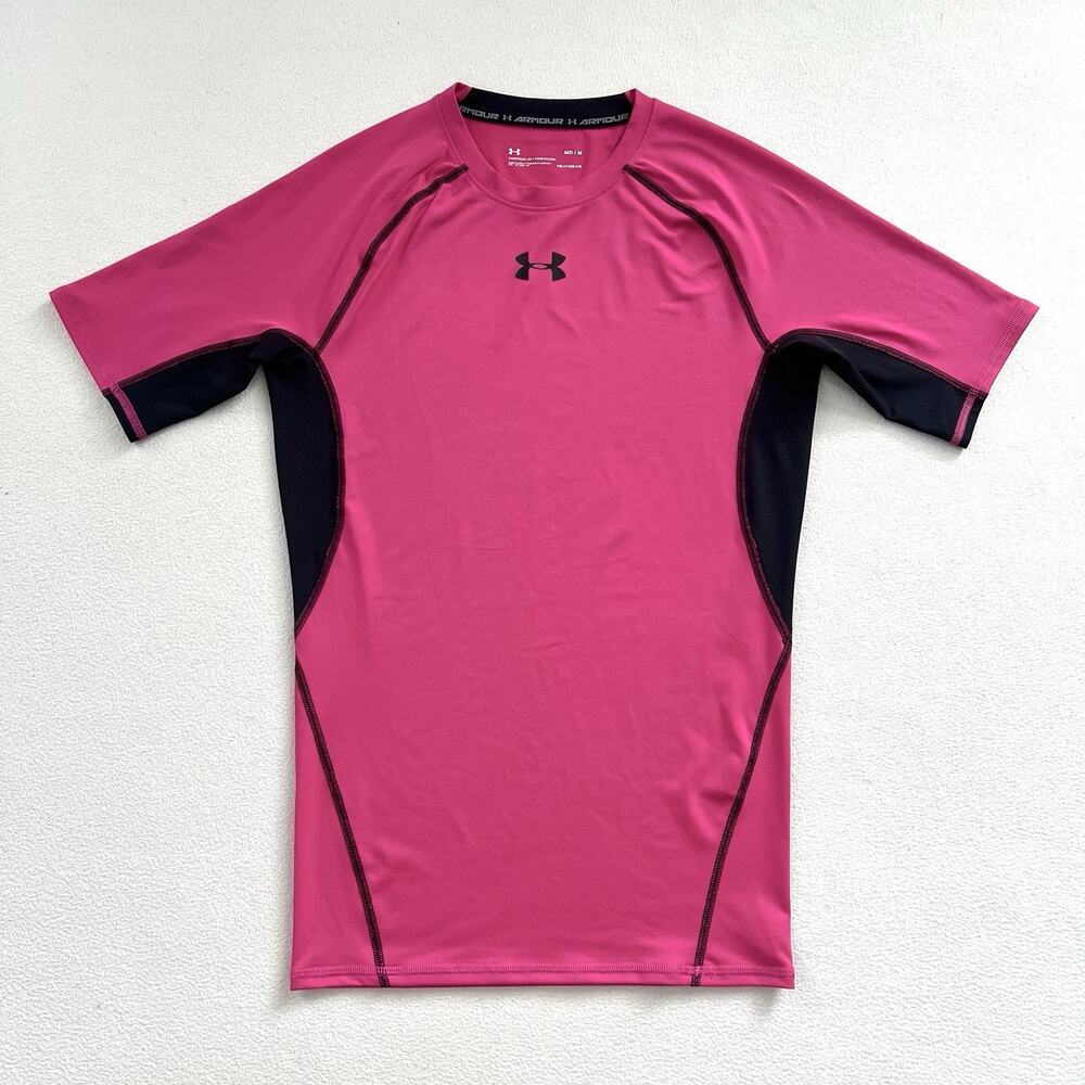 Under Armour UA HeatGear Men Pink Black Short Sleeve Compression Shirt 1257468 M